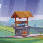 Old stone well with drinking water on green hill at rainy weather. Vector cartoon summer landscape vintage well with wooden roof, pulley and bucket. Summer storm with rain and lightning